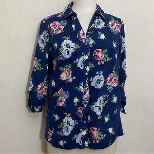 TANTRUMS floral button up woven fabric with solid knit sides tab sleeves top L